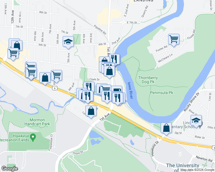 map of restaurants, bars, coffee shops, grocery stores, and more near 232 1st Ave in Coralville