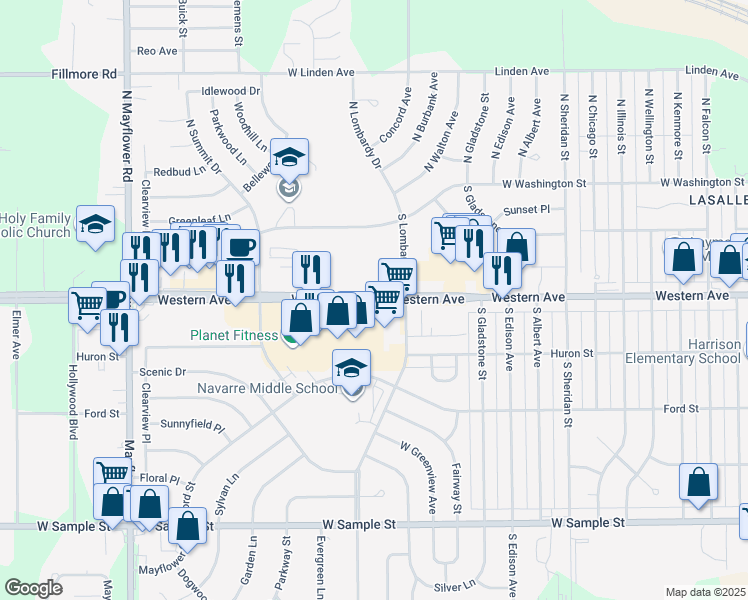map of restaurants, bars, coffee shops, grocery stores, and more near 4560 West Western Avenue in South Bend