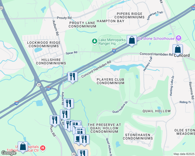 map of restaurants, bars, coffee shops, grocery stores, and more near 11129 Caddie Lane in Painesville