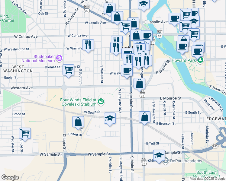 map of restaurants, bars, coffee shops, grocery stores, and more near 415 South Lafayette Boulevard in South Bend