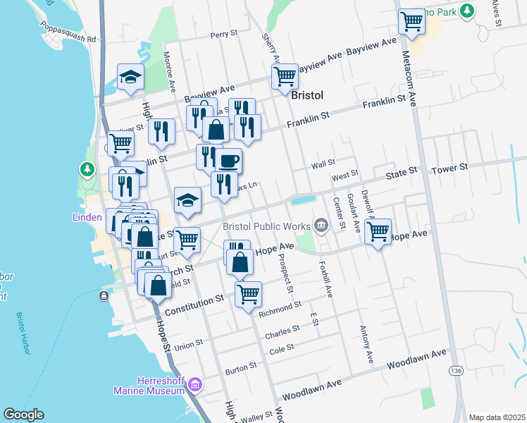 map of restaurants, bars, coffee shops, grocery stores, and more near 228 State Street in Bristol