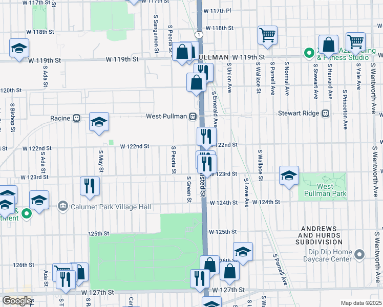 map of restaurants, bars, coffee shops, grocery stores, and more near 12215 South Green Street in Chicago