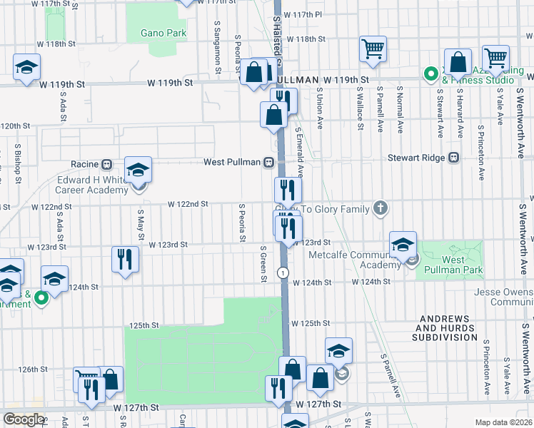 map of restaurants, bars, coffee shops, grocery stores, and more near 12215 South Green Street in Chicago