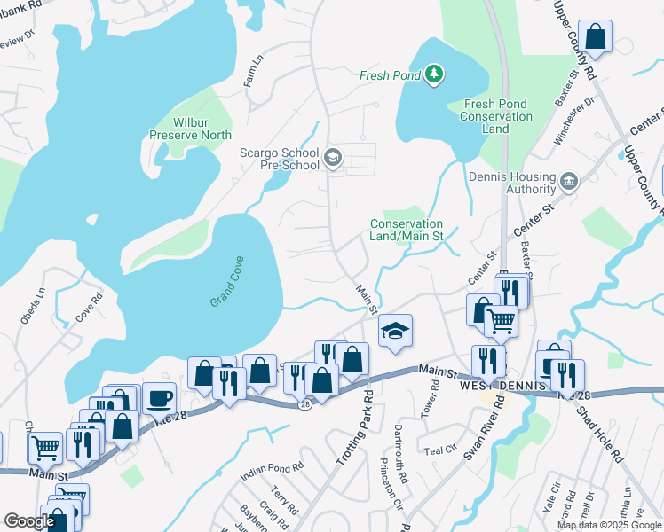 map of restaurants, bars, coffee shops, grocery stores, and more near 6 Pinefield Lane in Dennis