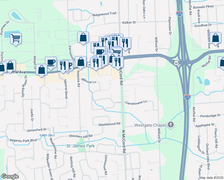 map of restaurants, bars, coffee shops, grocery stores, and more near 6767 Carrie Pine Lane in Toledo
