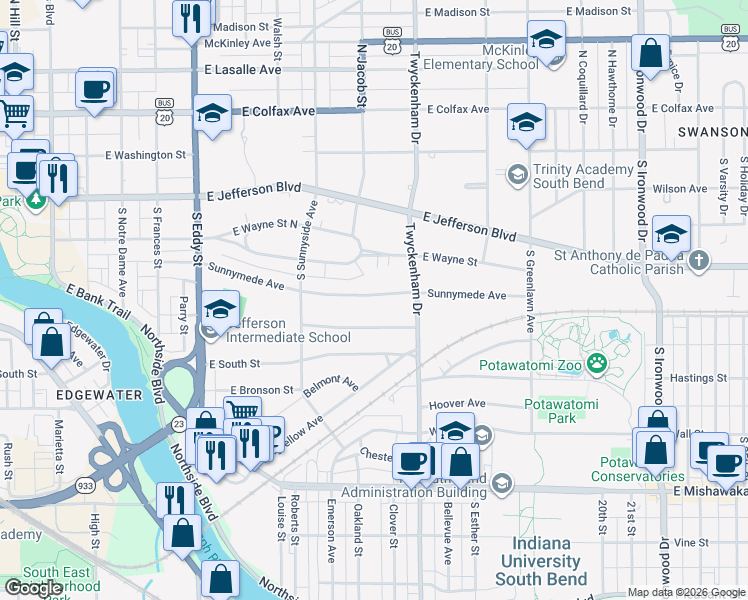 map of restaurants, bars, coffee shops, grocery stores, and more near 1412 Sunnymede Avenue in South Bend