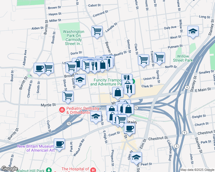 map of restaurants, bars, coffee shops, grocery stores, and more near 150 Washington St in New Britain