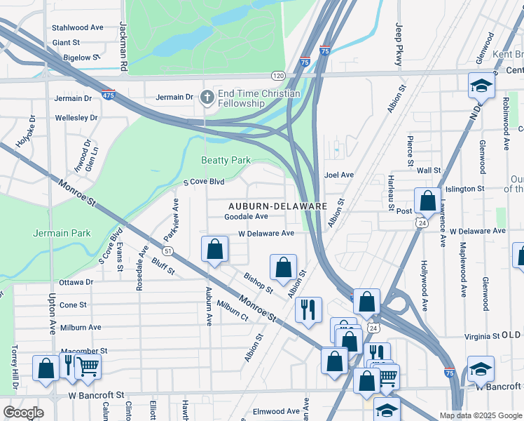 map of restaurants, bars, coffee shops, grocery stores, and more near 1338 Goodale Avenue in Toledo