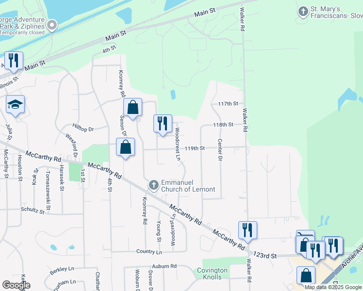 map of restaurants, bars, coffee shops, grocery stores, and more near 1031 119th Street in Lemont