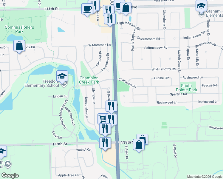 map of restaurants, bars, coffee shops, grocery stores, and more near 11605 South Derby Lane in Plainfield