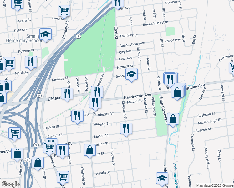 map of restaurants, bars, coffee shops, grocery stores, and more near 60 Newington Avenue in New Britain