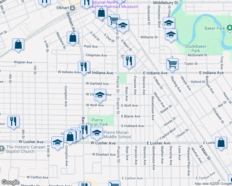 map of restaurants, bars, coffee shops, grocery stores, and more near 1702 Prairie St in Elkhart