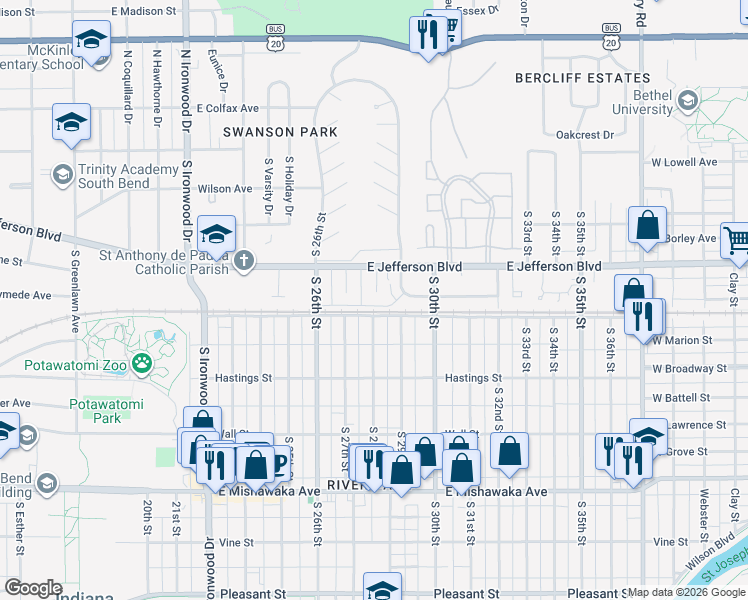 map of restaurants, bars, coffee shops, grocery stores, and more near 429 South 28th Street in South Bend