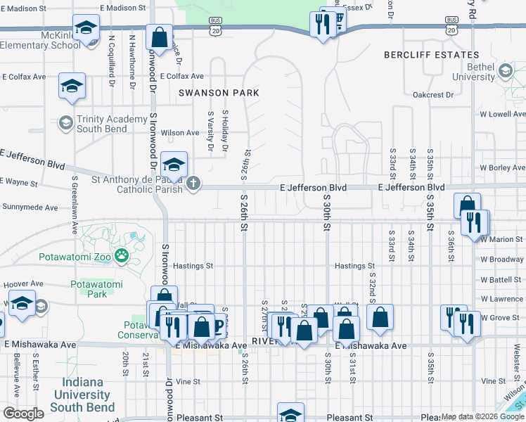 map of restaurants, bars, coffee shops, grocery stores, and more near 501 S 27th St in South Bend
