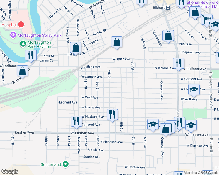 map of restaurants, bars, coffee shops, grocery stores, and more near 1700 9th Street in Elkhart