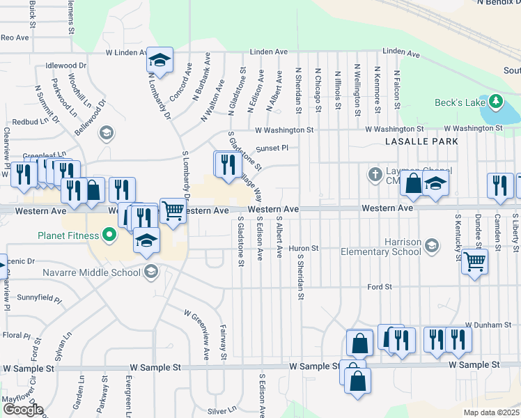 map of restaurants, bars, coffee shops, grocery stores, and more near 400 South Edison Avenue in South Bend