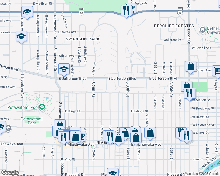 map of restaurants, bars, coffee shops, grocery stores, and more near 429 South 28th Street in South Bend