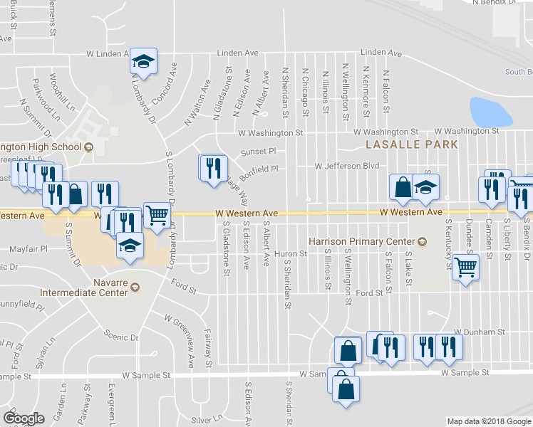 map of restaurants, bars, coffee shops, grocery stores, and more near 250 South Albert Avenue in South Bend