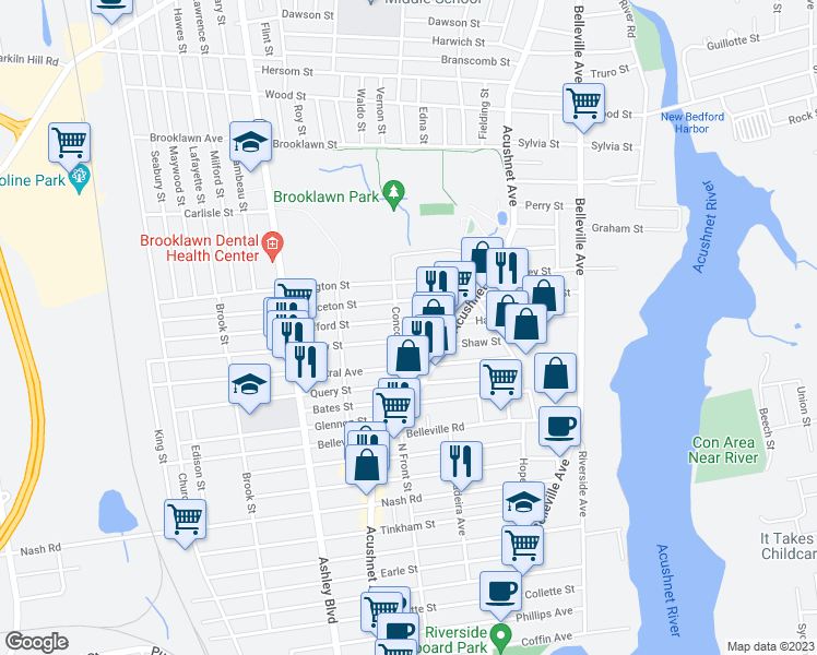 map of restaurants, bars, coffee shops, grocery stores, and more near 40 Concord Street in New Bedford