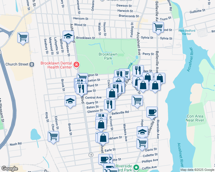map of restaurants, bars, coffee shops, grocery stores, and more near 40 Concord Street in New Bedford
