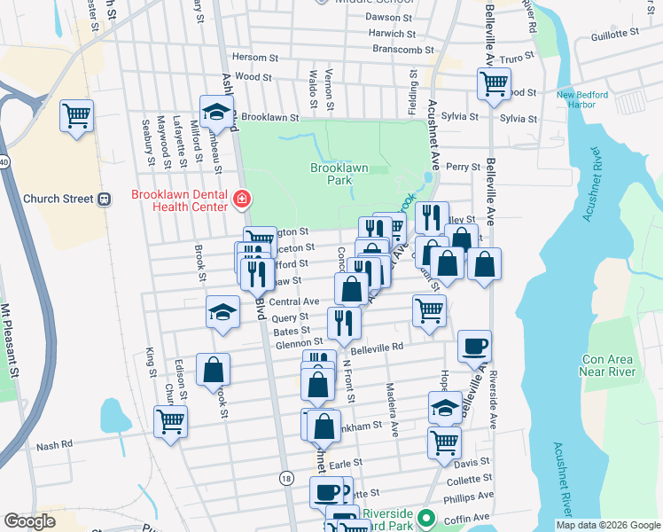 map of restaurants, bars, coffee shops, grocery stores, and more near 237 Shaw Street in New Bedford