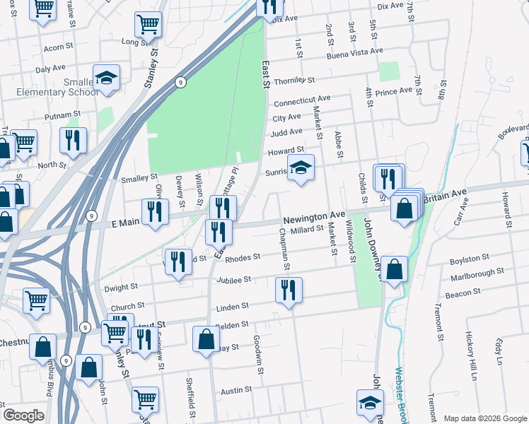 map of restaurants, bars, coffee shops, grocery stores, and more near 60 Newington Avenue in New Britain