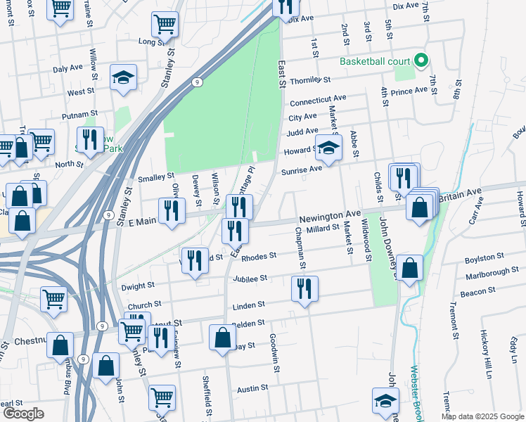 map of restaurants, bars, coffee shops, grocery stores, and more near 685 East Street in New Britain