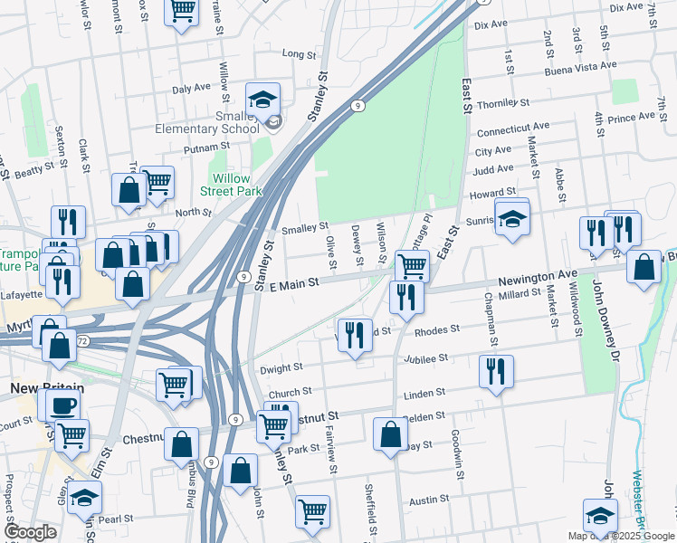 map of restaurants, bars, coffee shops, grocery stores, and more near 605 East Main Street in New Britain
