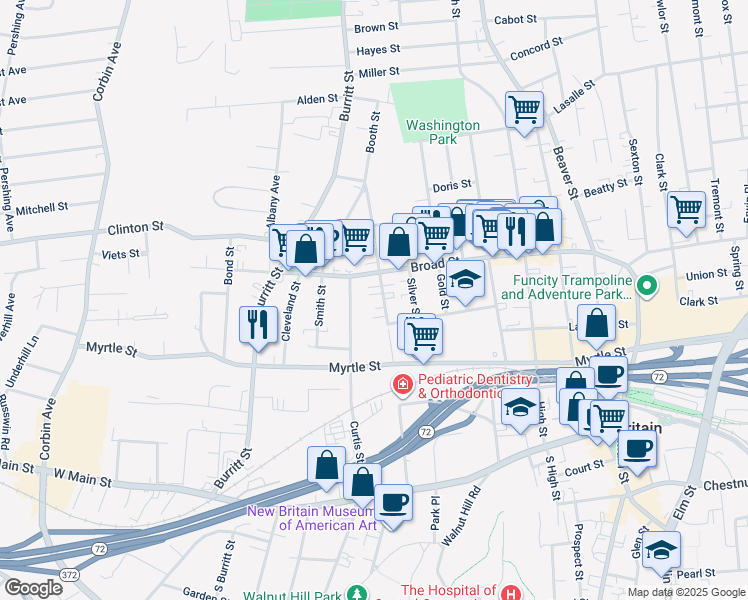 map of restaurants, bars, coffee shops, grocery stores, and more near 50 Booth Street in New Britain