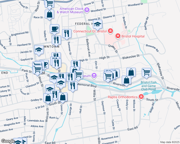 map of restaurants, bars, coffee shops, grocery stores, and more near 71 Riverside Avenue in Bristol