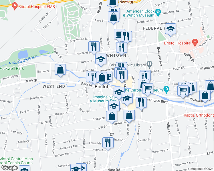 map of restaurants, bars, coffee shops, grocery stores, and more near 149 Connecticut 72 in Bristol