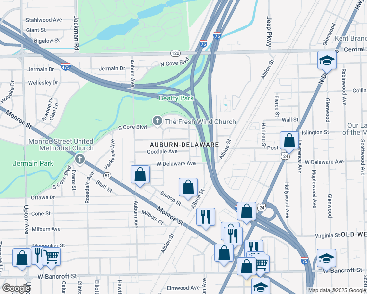 map of restaurants, bars, coffee shops, grocery stores, and more near 1327 Goodale Avenue in Toledo