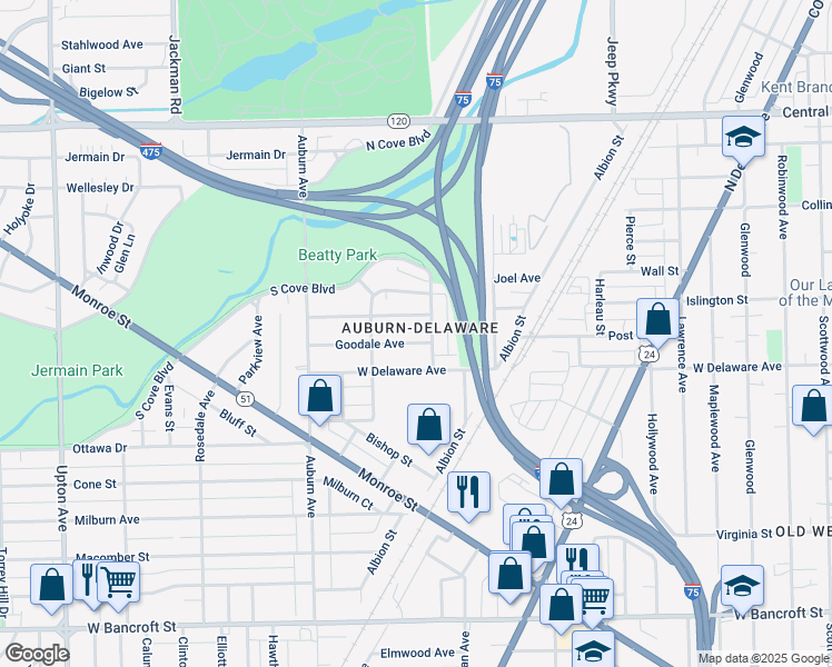 map of restaurants, bars, coffee shops, grocery stores, and more near 1327 Goodale Avenue in Toledo