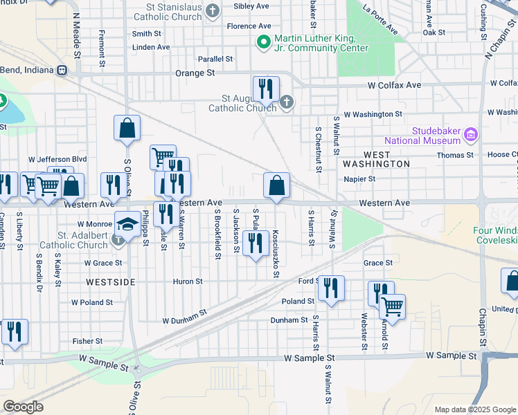 map of restaurants, bars, coffee shops, grocery stores, and more near 433 S Pulaski St in South Bend
