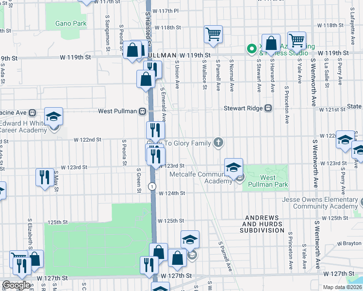 map of restaurants, bars, coffee shops, grocery stores, and more near 12229 South Union Avenue in Chicago