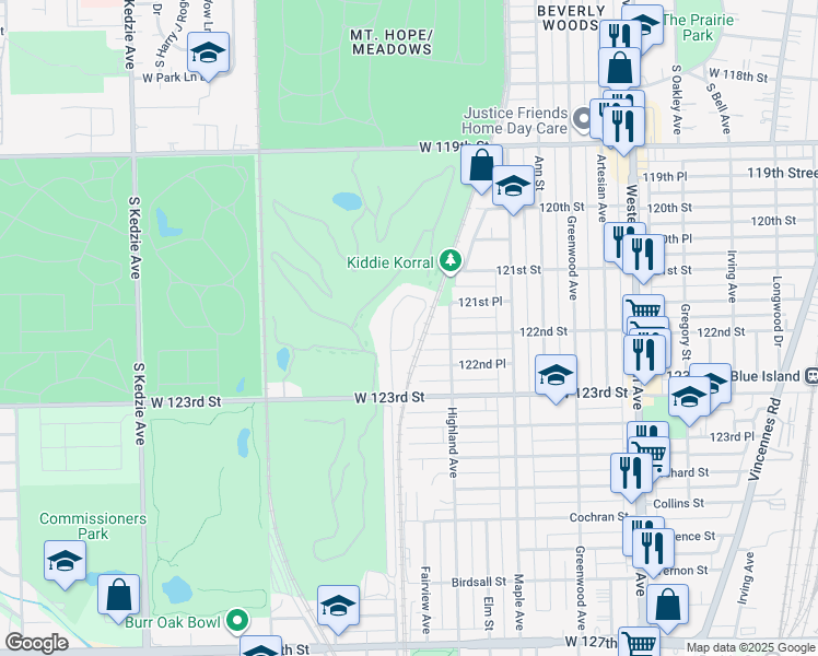 map of restaurants, bars, coffee shops, grocery stores, and more near 12235 Fairway Circle in Blue Island