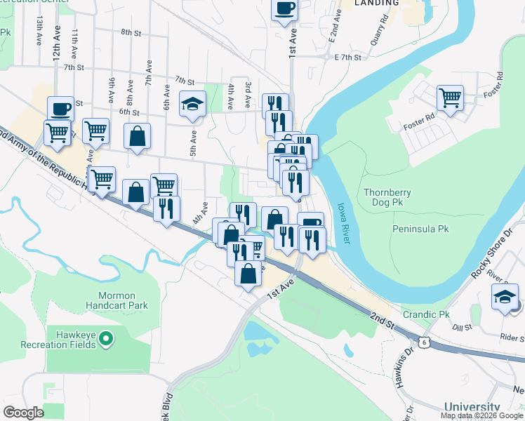 map of restaurants, bars, coffee shops, grocery stores, and more near 305 2nd Ave Pl in Coralville