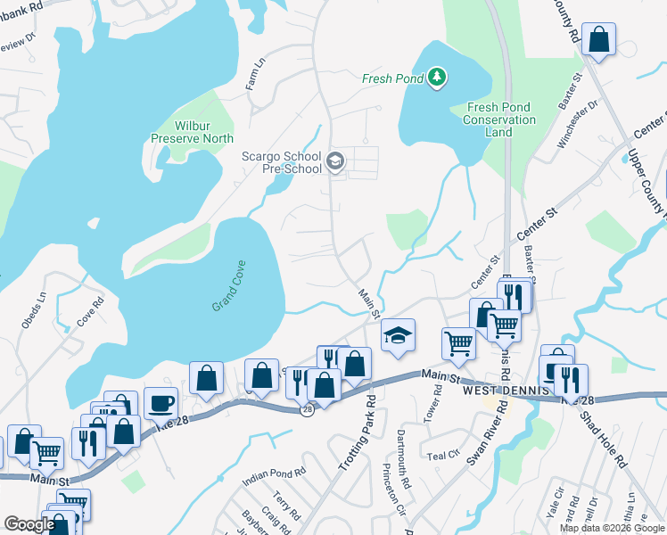 map of restaurants, bars, coffee shops, grocery stores, and more near 141 Main Street in Dennis