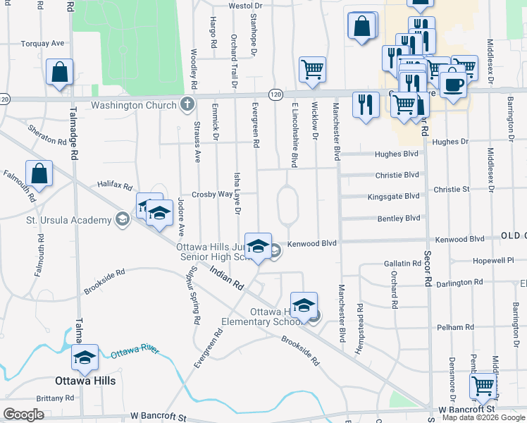 map of restaurants, bars, coffee shops, grocery stores, and more near 2702 Evergreen Road in Toledo