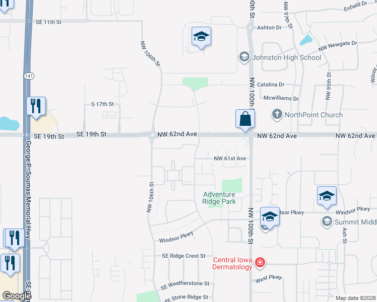 map of restaurants, bars, coffee shops, grocery stores, and more near 6072 Manchester Lane in Johnston