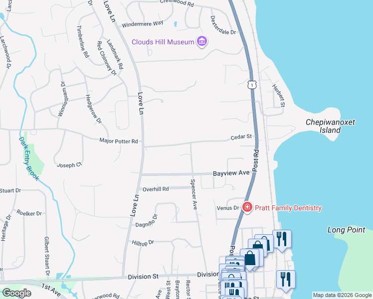 map of restaurants, bars, coffee shops, grocery stores, and more near 51 Spencer Avenue in East Greenwich