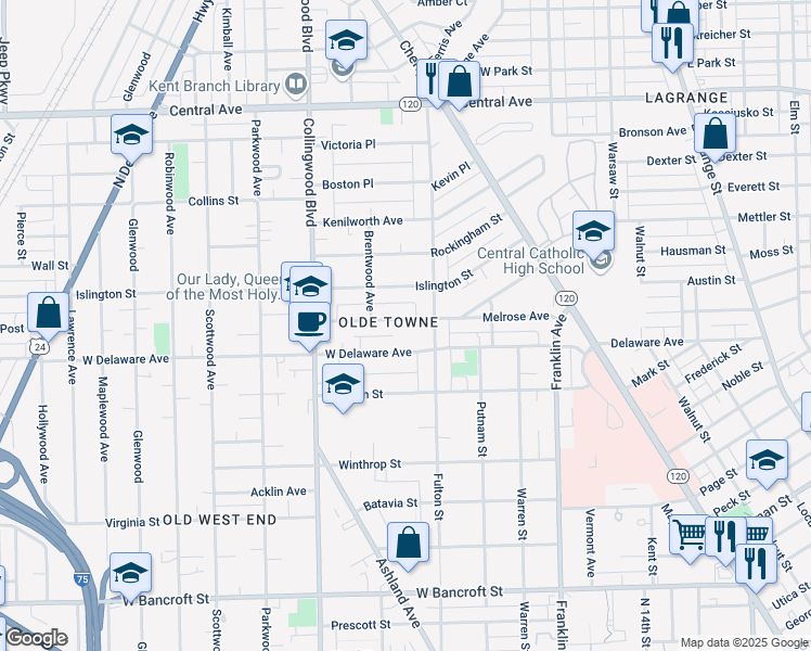 map of restaurants, bars, coffee shops, grocery stores, and more near 333 Melrose Avenue in Toledo