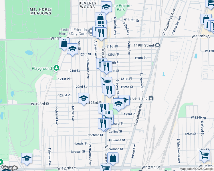 map of restaurants, bars, coffee shops, grocery stores, and more near 12215 Western Avenue in Blue Island