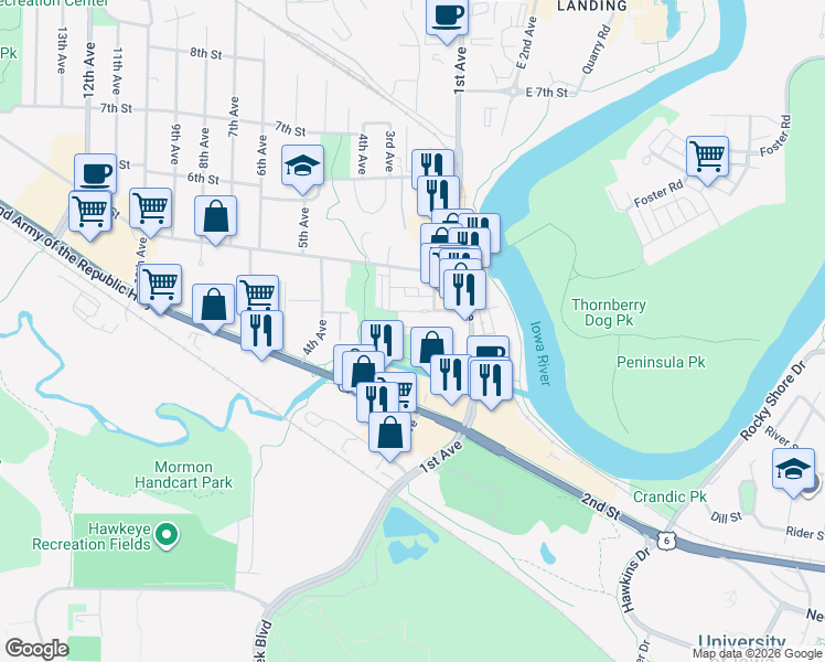 map of restaurants, bars, coffee shops, grocery stores, and more near 305 2nd Ave Pl in Coralville