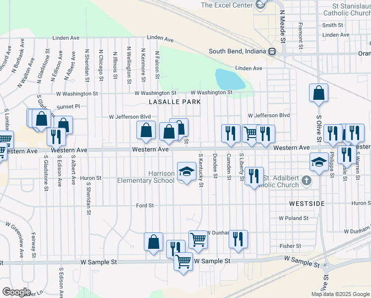 map of restaurants, bars, coffee shops, grocery stores, and more near 3302 West Western Avenue in South Bend