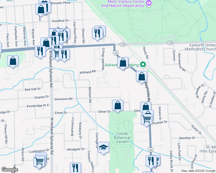 map of restaurants, bars, coffee shops, grocery stores, and more near 5539 Westowne Court in Toledo