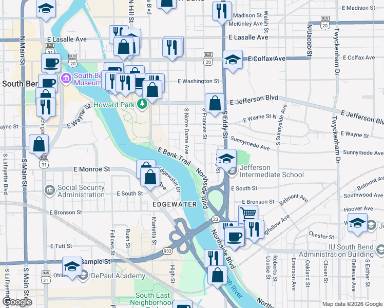 map of restaurants, bars, coffee shops, grocery stores, and more near 801-921 Northside Boulevard in South Bend