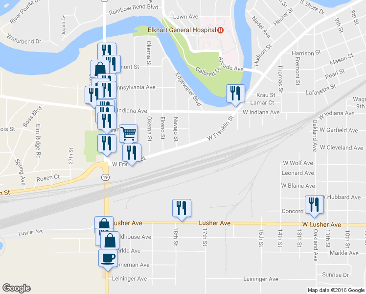 map of restaurants, bars, coffee shops, grocery stores, and more near 1801 West Franklin Street in Elkhart