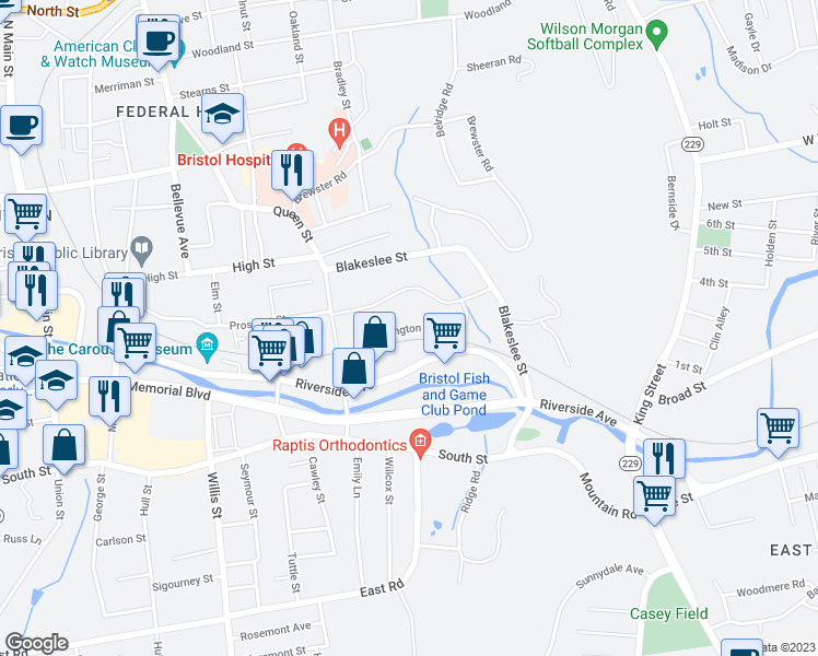 map of restaurants, bars, coffee shops, grocery stores, and more near Huntington Woods in Bristol