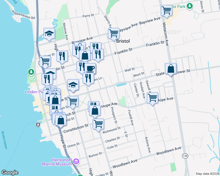 map of restaurants, bars, coffee shops, grocery stores, and more near 24 2nd School Street in Bristol